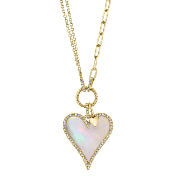 14K Yellow Gold Diamond and Mother of Pearl Heart Necklace