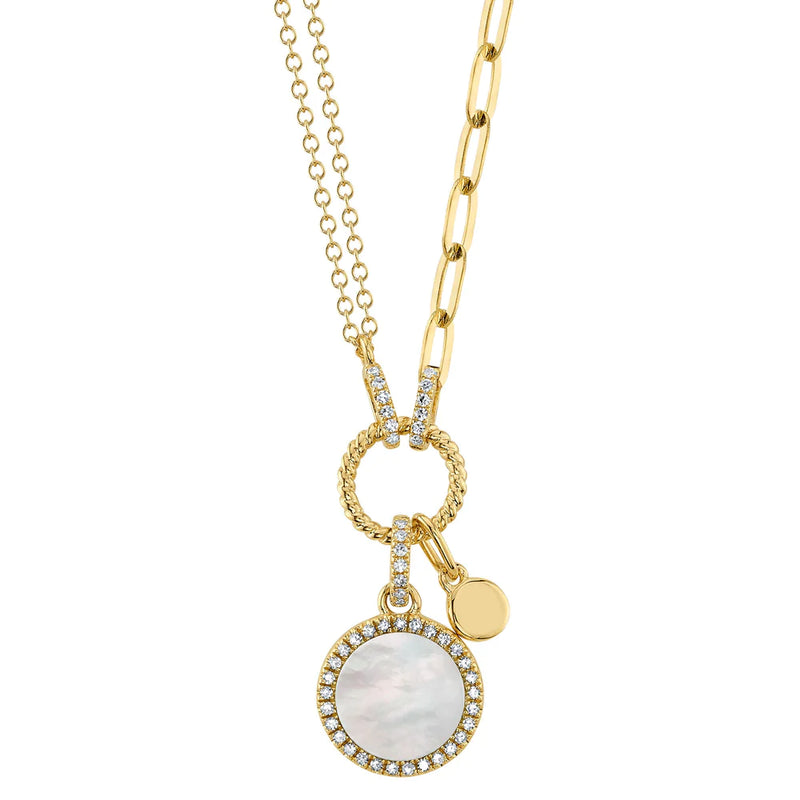 14K Yellow Gold Mother of Pearl Circle Paper Clip Necklace