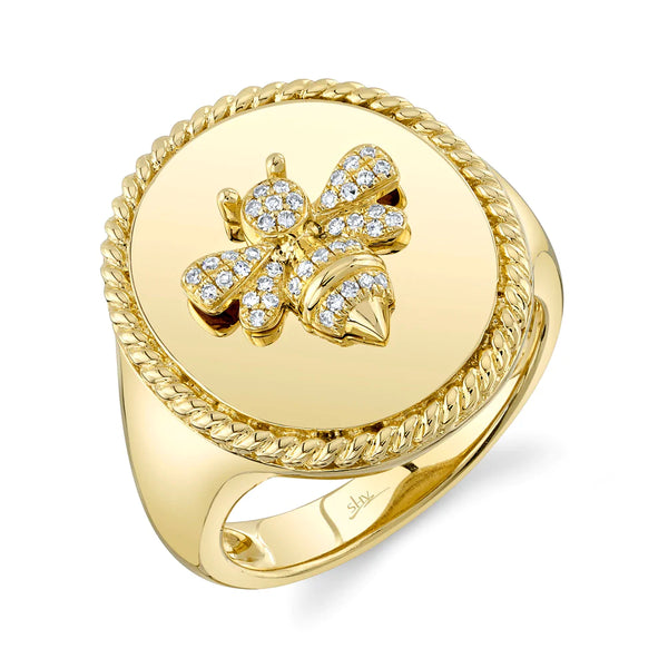 14K Yellow Gold Diamond Bee Signet Ring
