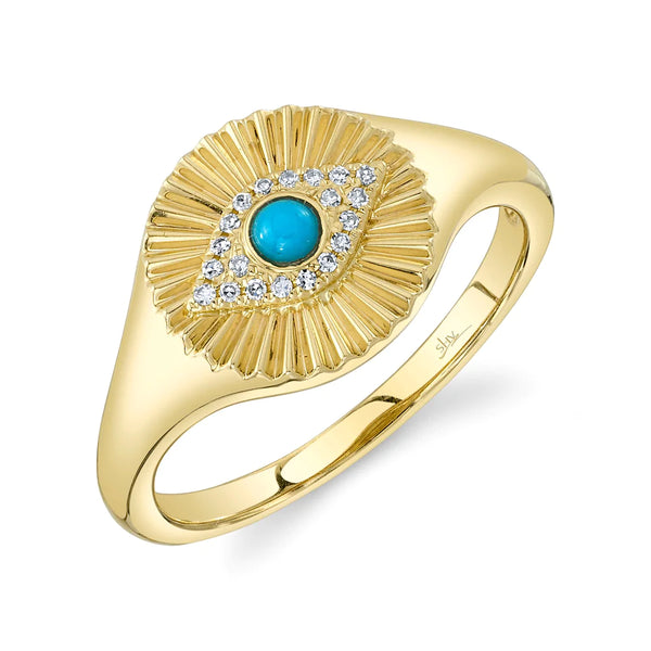 14K Yellow Gold Diamond and Turquoise Eye Fluted Signet Ring