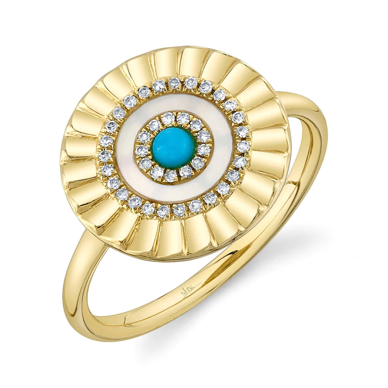 14K Yellow Gold Composite Turquoise and Mother of Pearl Ring