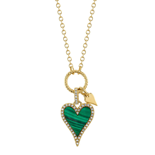 14K Yellow Gold Diamond and Malachite Heart Necklace