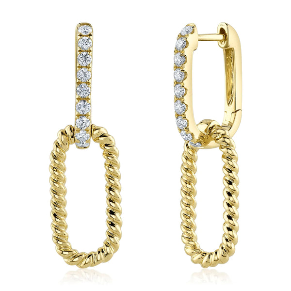 14K Yellow Gold Diamond Oval Hoop and Rope Hoop Earrings
