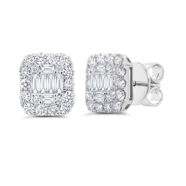 14K White Gold Diamond Baguette Cluster Earrings