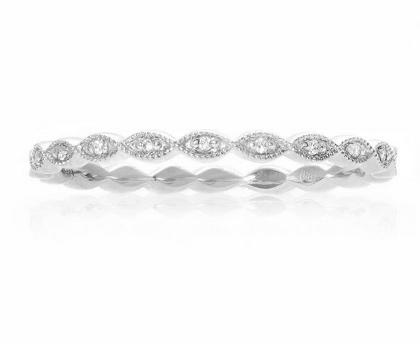 White Gold Milgrain Leaf White Diamond Band