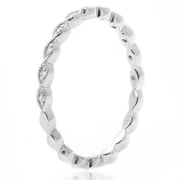 White Gold Milgrain Leaf White Diamond Band