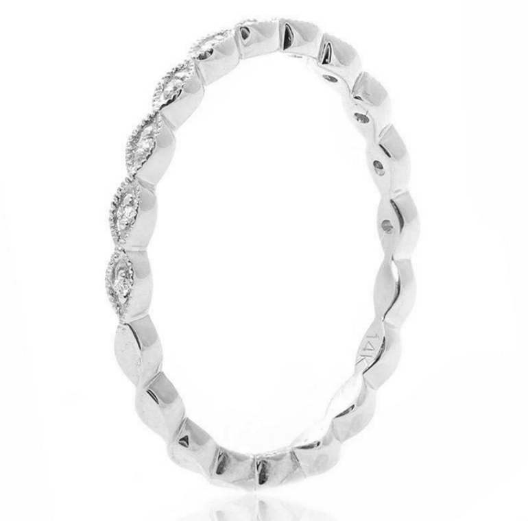 White Gold Milgrain Leaf White Diamond Band-Rings-first image design corp-