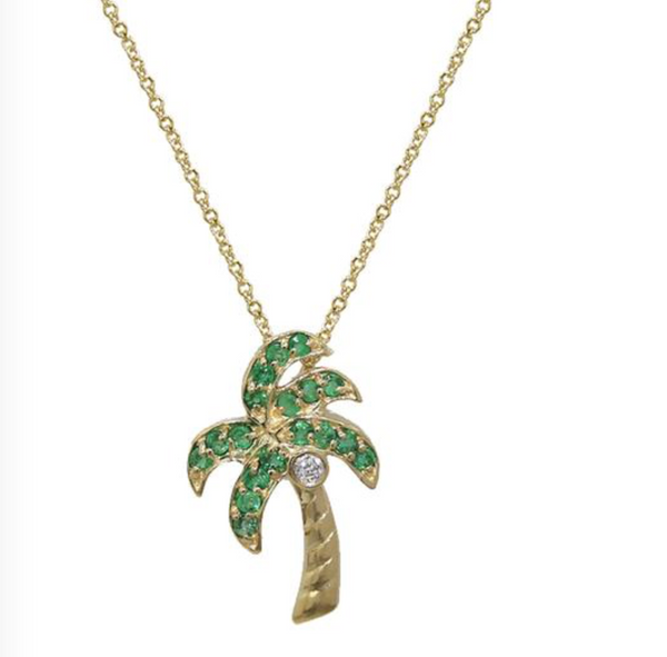 14K Yellow Gold Diamond and Emerald Palm Tree Pendant