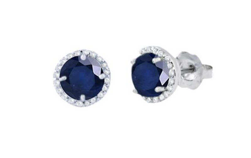 14K White Gold Blue Sapphire and Diamond Stud Earrings