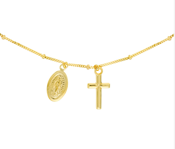 14K Yellow Gold Choker with Dangling Virgin Mary + Cross