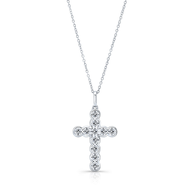 14K White Gold 11 Diamond Bezel Cross-Necklaces-YARIV-