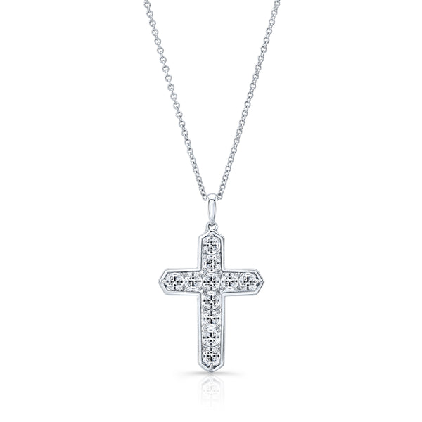 14K White Gold 11 Diamond Cross Geometric Bezel-Necklaces-YARIV-
