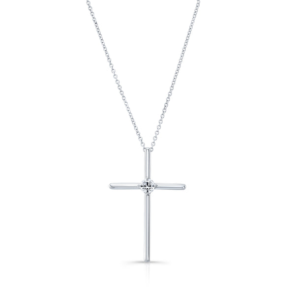 14K White Gold Single Center Diamond Cross-Necklaces-YARIV-