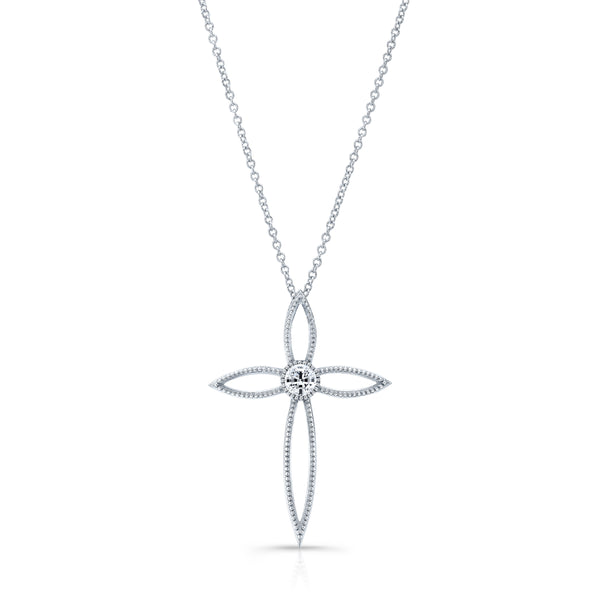 14K White Gold Single Diamond Milgrain Cross-Necklaces-YARIV-