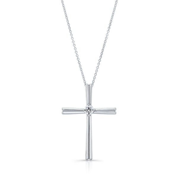 14K White Gold Single Diamond Cross-Necklaces-YARIV-