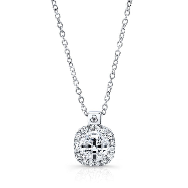 14K White Gold Cushion Halo Diamond Pendant-Necklaces-YARIV-