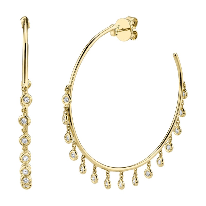 14K White Gold Diamond Bezel Dangle Hoop Earrings