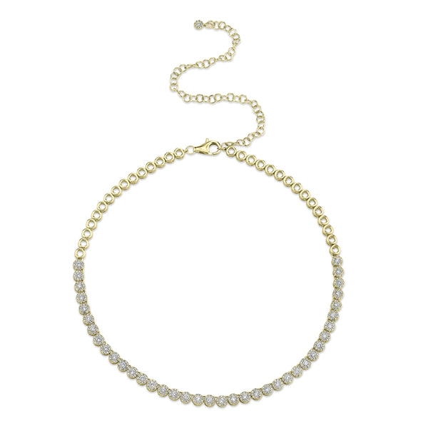 14K Yellow Gold Halo Diamond Choker Tennis Necklace