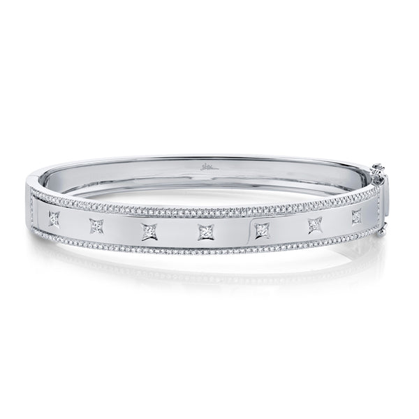 14K White Gold Diamond Border + Square Accent Wide Bangle