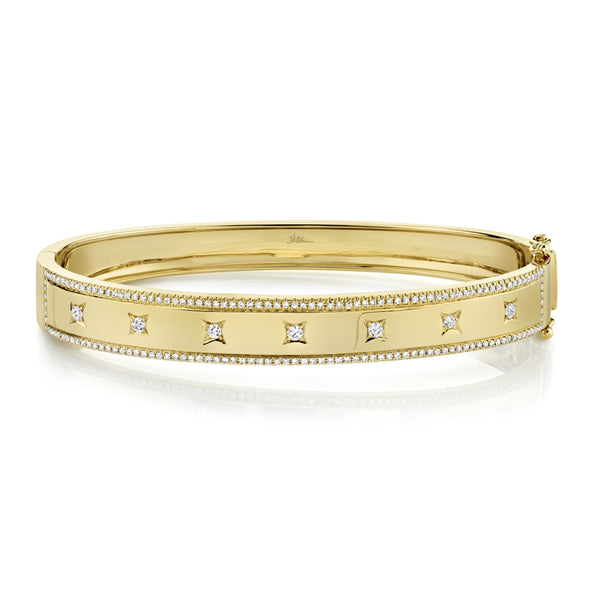 14K White Gold Diamond Border + Square Accent Wide Bangle