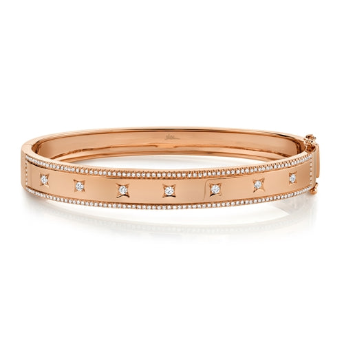 14K Rose Gold Diamond Border + Square Accent Wide Bangle