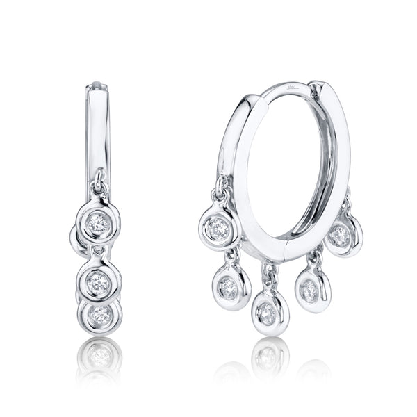 14K White Gold Diamond Bezel Dangle Small Hoop Earring