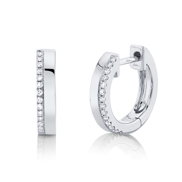 14K White Gold Diamond + High Polished Huggie Earring