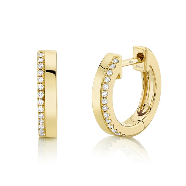 14K Yellow  Gold Diamond + High Polished Huggie Earring