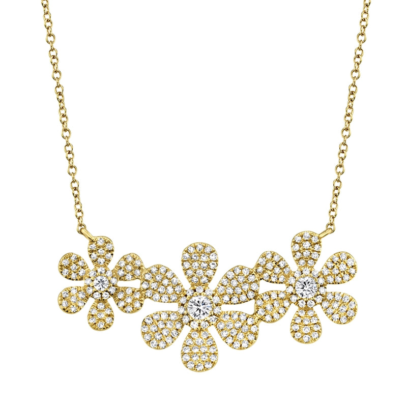 14K Yellow Gold Diamond Tri-Flower Necklace