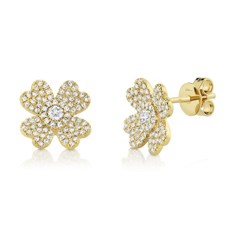 14K Yellow Gold Diamond Clover Stud Earrings