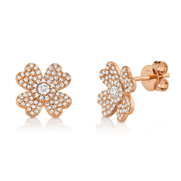 14K Rose Gold Diamond Clover Stud Earrings