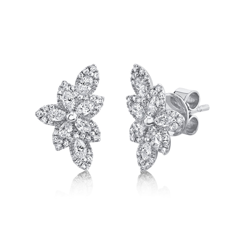 14K White Gold Diamond Flower Stud Earring