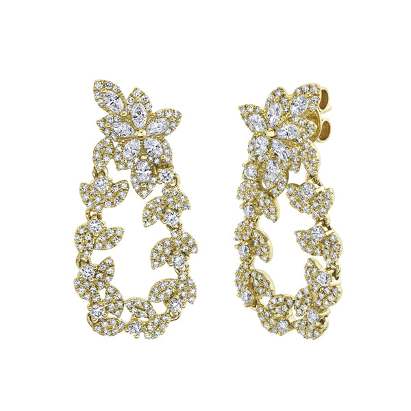 14k Yellow Diamond Marquise Flower & Leaf Drop Earrings
