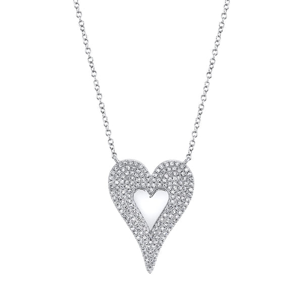 14k White Diamond Heart High polished center Large Necklace