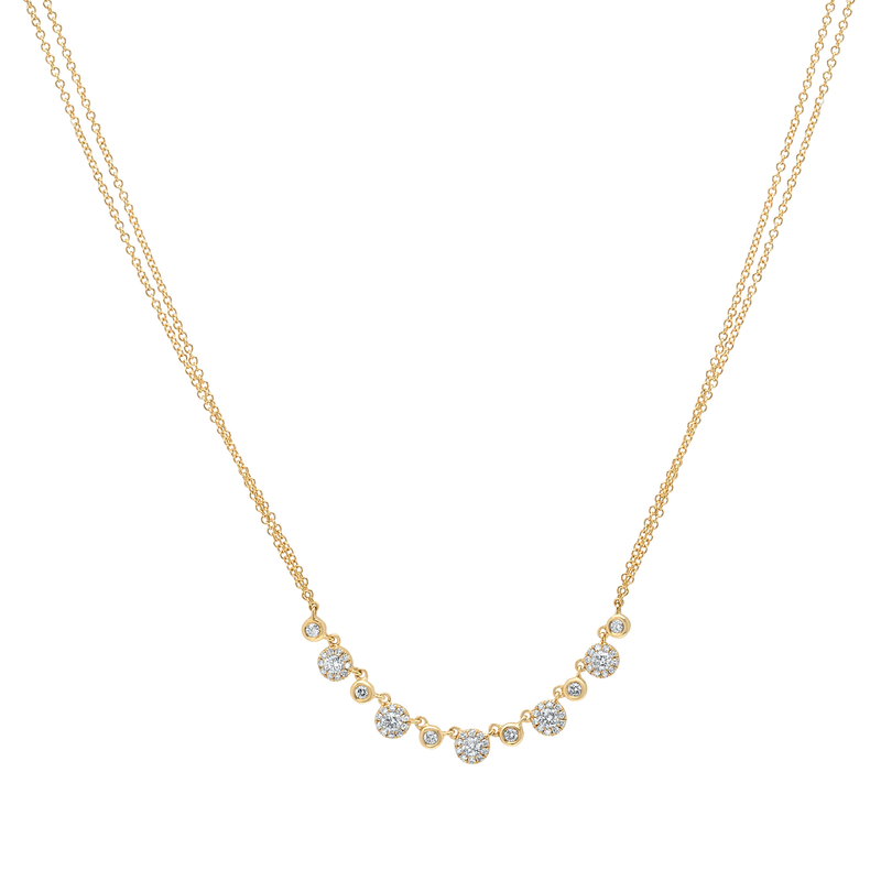 14K White Gold Alternating Diamond Halo Necklace with Double Chain
