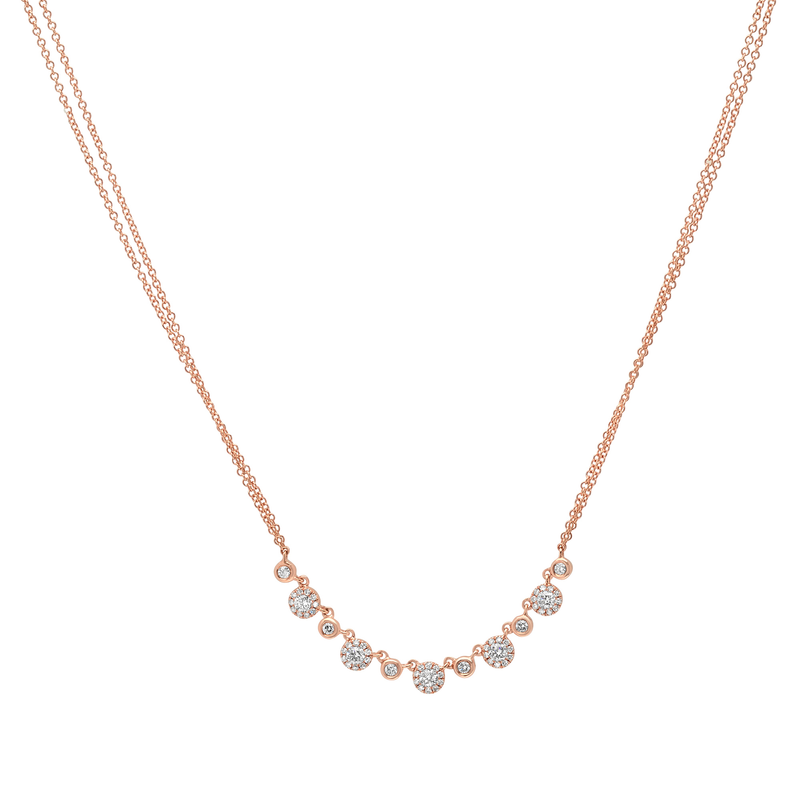 14K Yellow Gold Alternating Diamond Halo Necklace with Double Chain