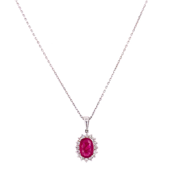 14K White Gold Diamond + Oval Ruby Necklace