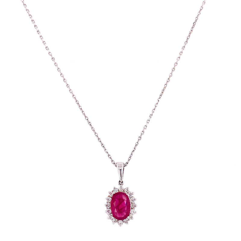 14K White Gold Diamond + Oval Ruby Necklace
