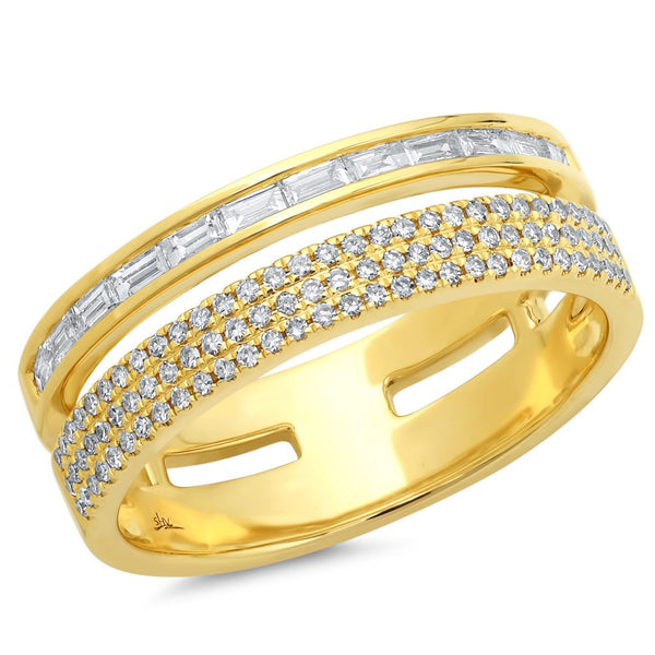 14K White Gold Baguette and Triple Row Diamond Ring