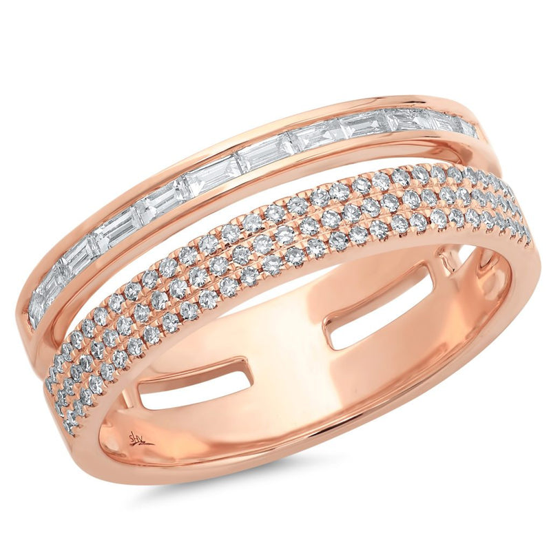 14K Yellow Gold Baguette and Triple Row Diamond Ring