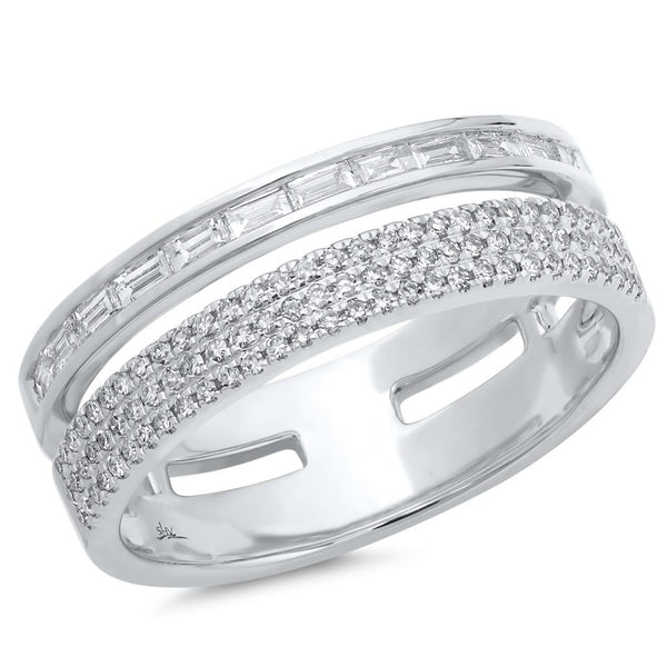 14K White Gold Baguette and Triple Row Diamond Ring