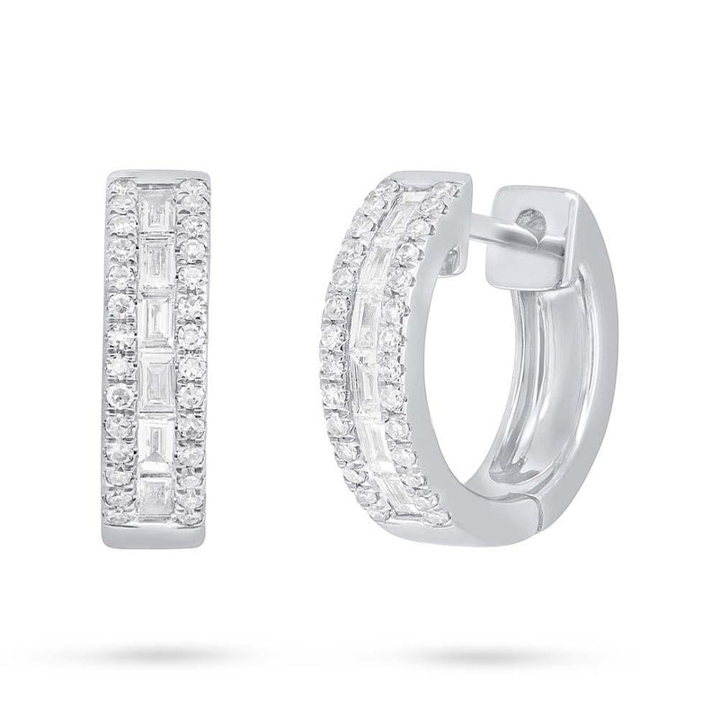 14K White Gold Baguette Diamond Huggie Earrings