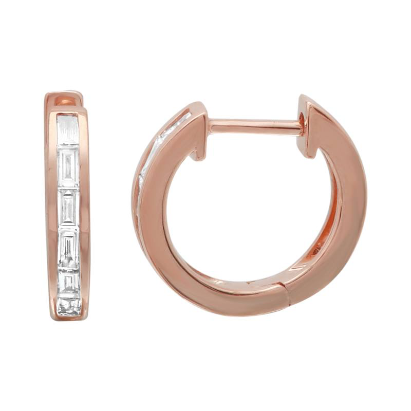 14K Yellow Gold Baguette Diamond Single Row Huggie Earring-Earrings-superbell-Rose Gold-