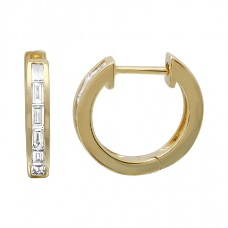 14K Yellow Gold Baguette Diamond Single Row Huggie Earring