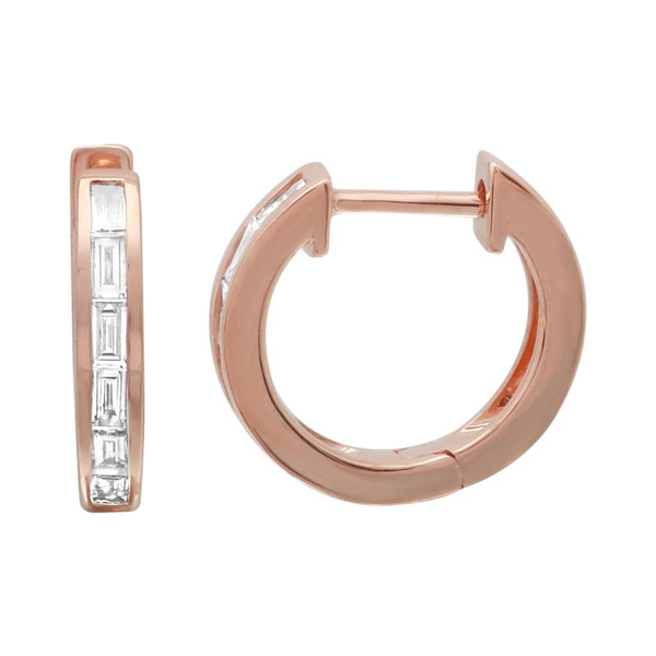 14K Rose Gold Baguette Diamond Single Row Huggie Earring-Earrings-Maurice's Jewelers-Rose Gold-