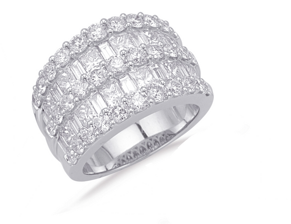 14K White Gold Baguette + Round and Princess Cut Triple Row Diamond Fashion Ring-Rings-S KASHI-