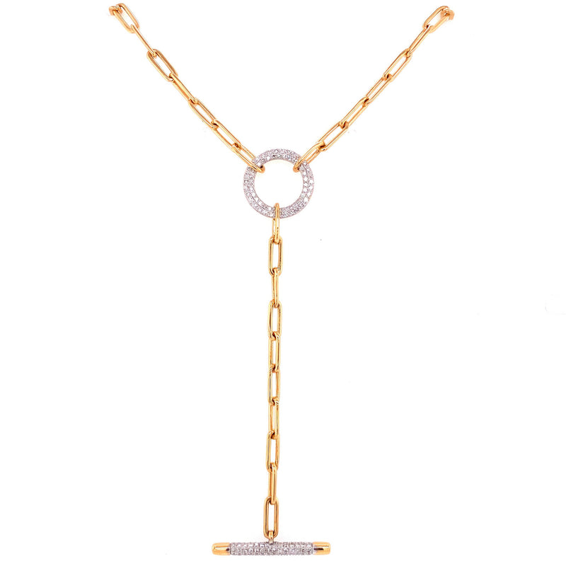 14K Yellow Gold Diamond Circle & Bar Y Paper Clip Necklace