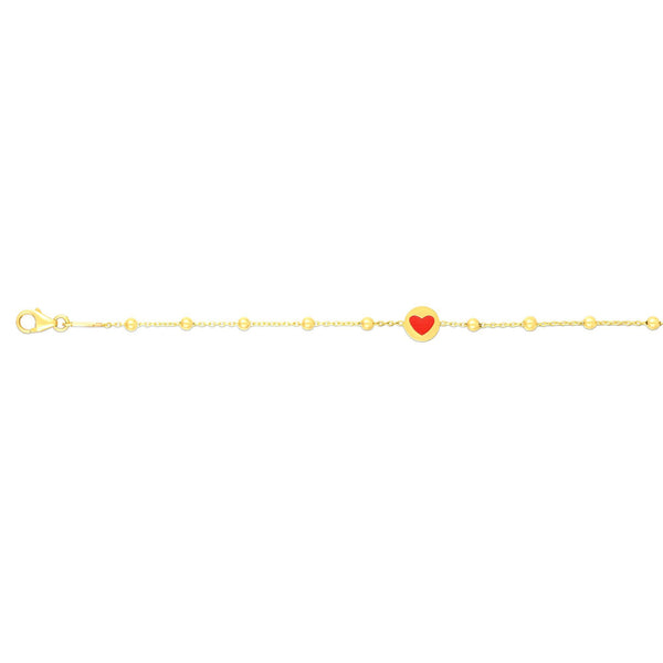 14k Yellow Bead and Red Enamel Heart Bracelet- 6"