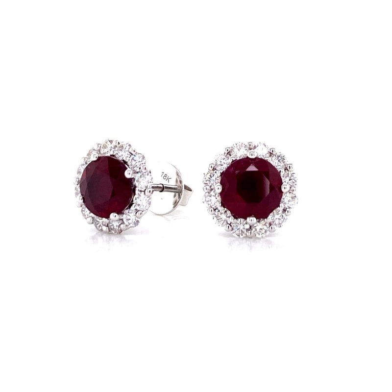 18K White Gold Diamond Halo + Ruby Stud Earrings