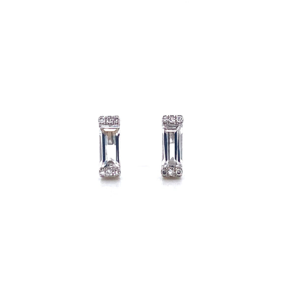 14K White Gold Diamond + White Topaz Baguette Earrings